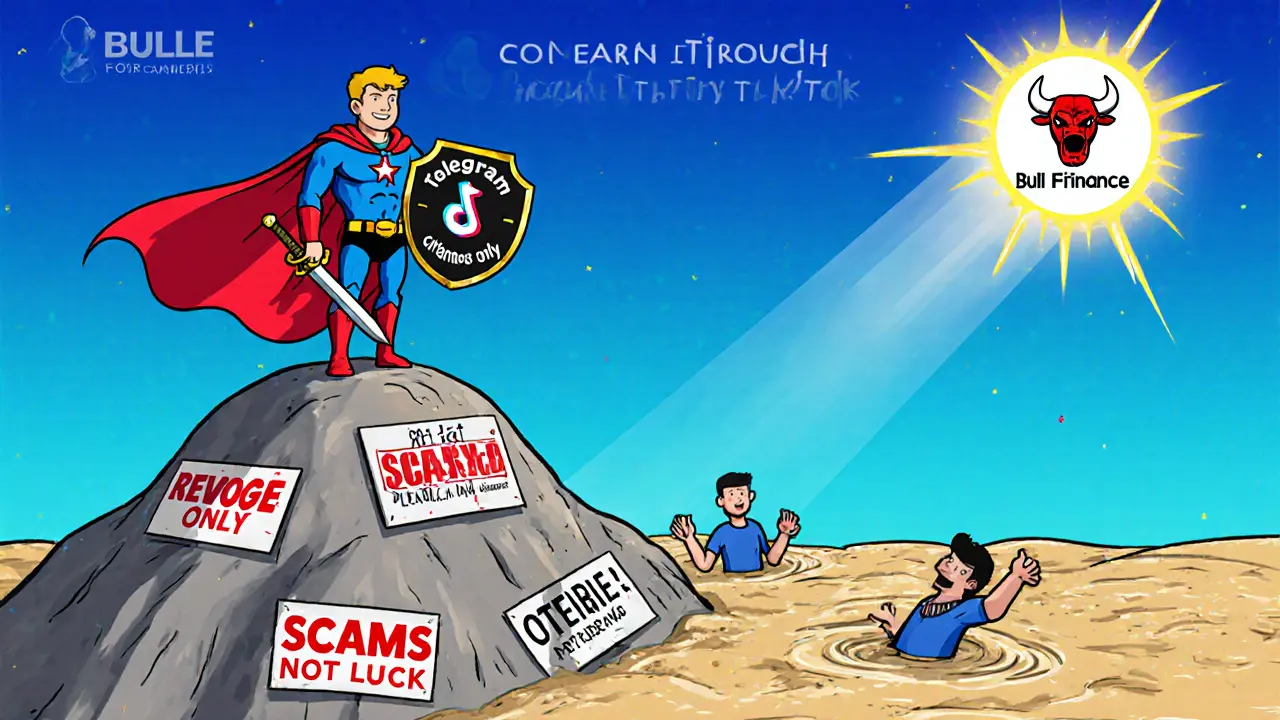 A DeFi hero defeating scam websites with a shield and sword, rescuing users from sinking scams, while the real BULL logo shines above.