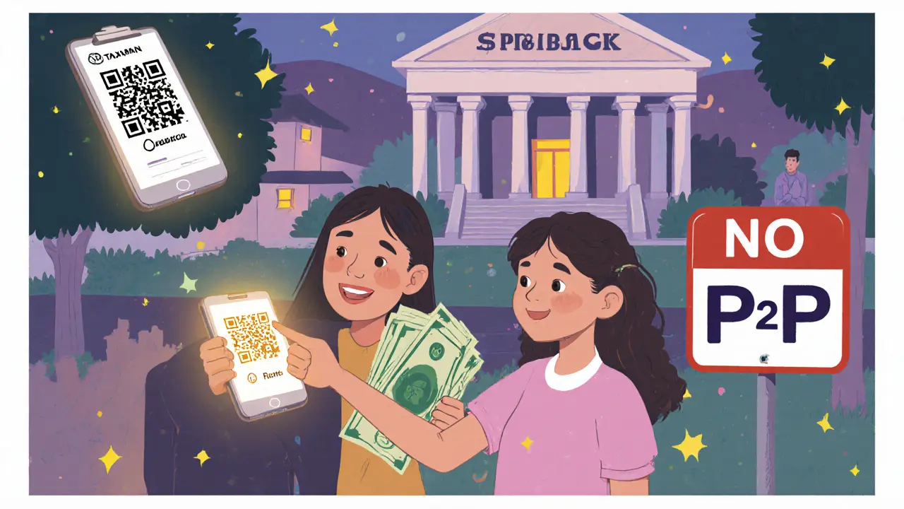 A mother receives cash from a crypto deal, with a tax official hovering nearby and a bank looming in the background.