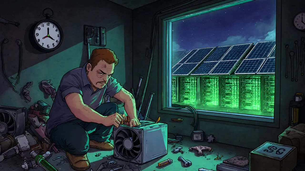 A tired miner fixing a broken fan on an old miner at 3 AM, while a clean new mining farm shines outside.
