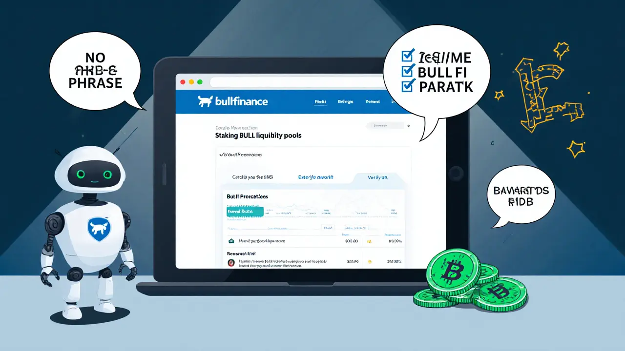 A user safely staking BULL tokens on the official website, guarded by a CertiK-certified robot, with safety tips floating nearby.
