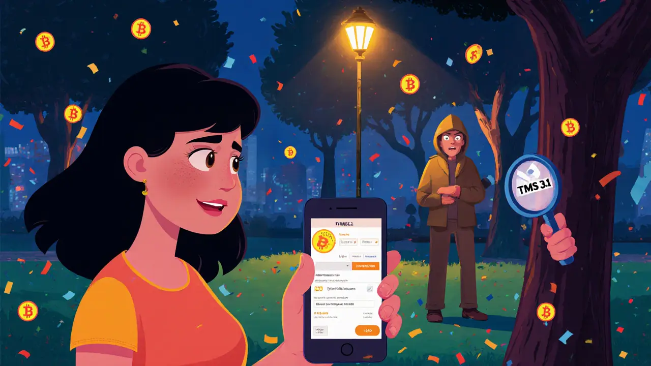 A woman meets a stranger in a park to trade crypto for cash, while a suspicious figure observes nearby.