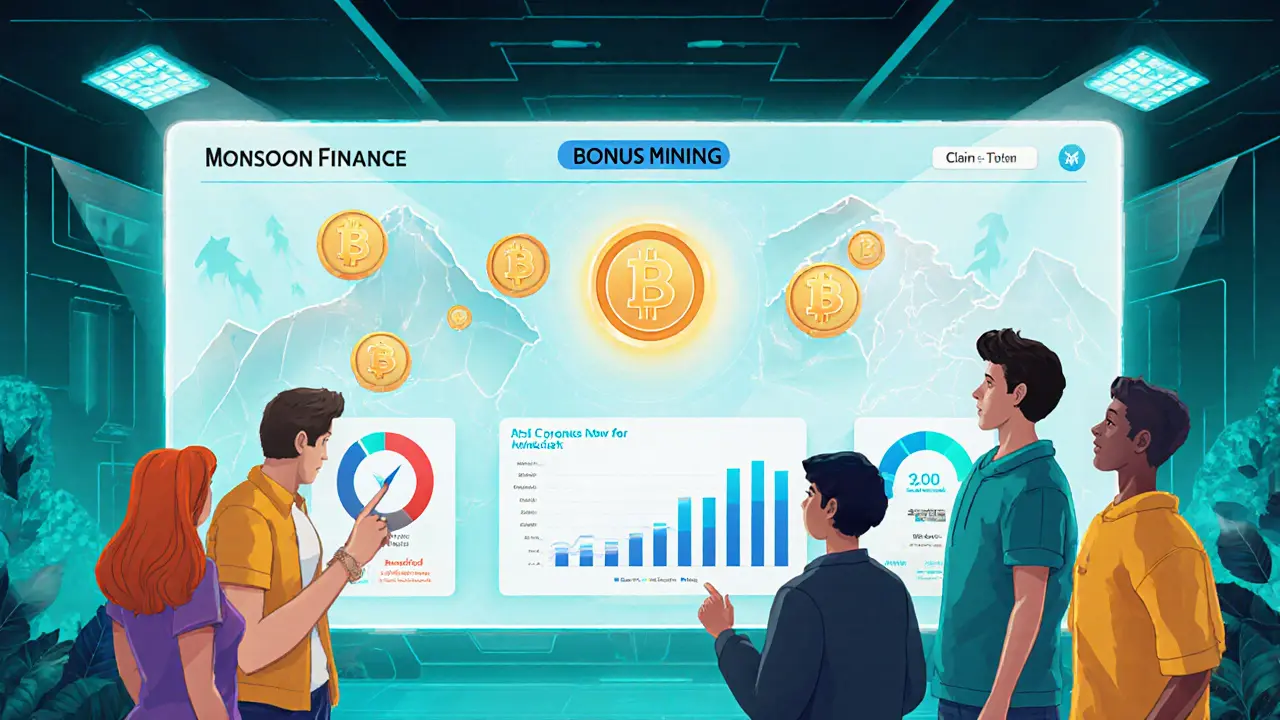Avatars gather around a holographic dashboard claiming MCASH and viewing bonus mining.