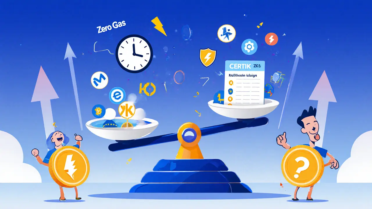 Balance scale compares ZKSwap pros (zero gas, speed, security) and cons (liquidity, token list).