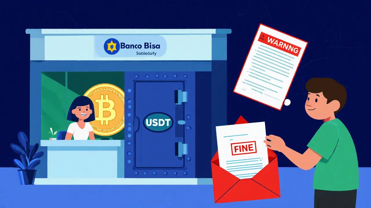 Banco Bisa branch shows USDT custody, warning letter, and fine for illegal transfer.