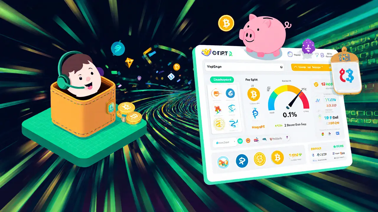 Cartoon avatar uses ViperSwap, showing wallet connection, fee split to ViperPit piggy bank.