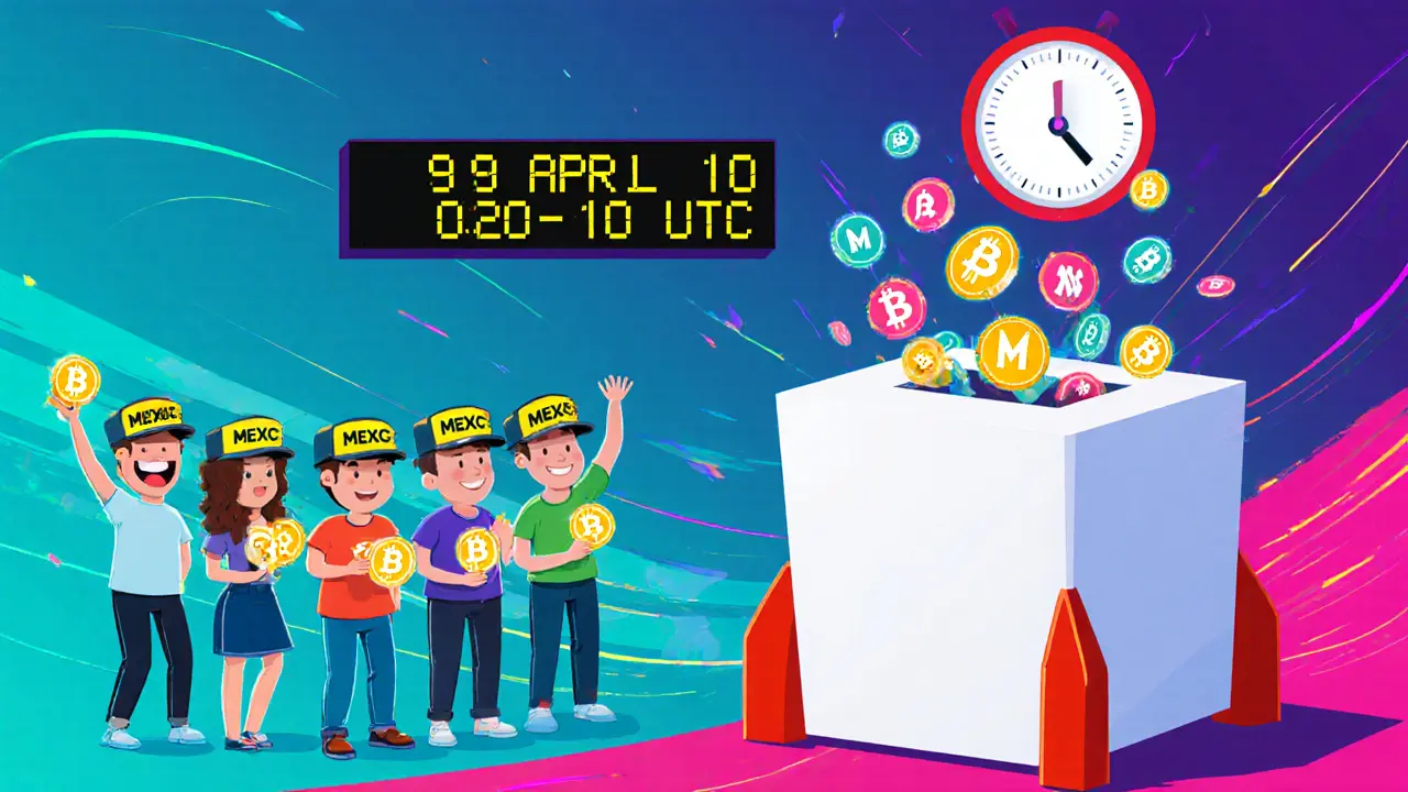 Cartoon avatars staking MX tokens and voting for BIT airdrop with a rocket‑shaped ballot box.