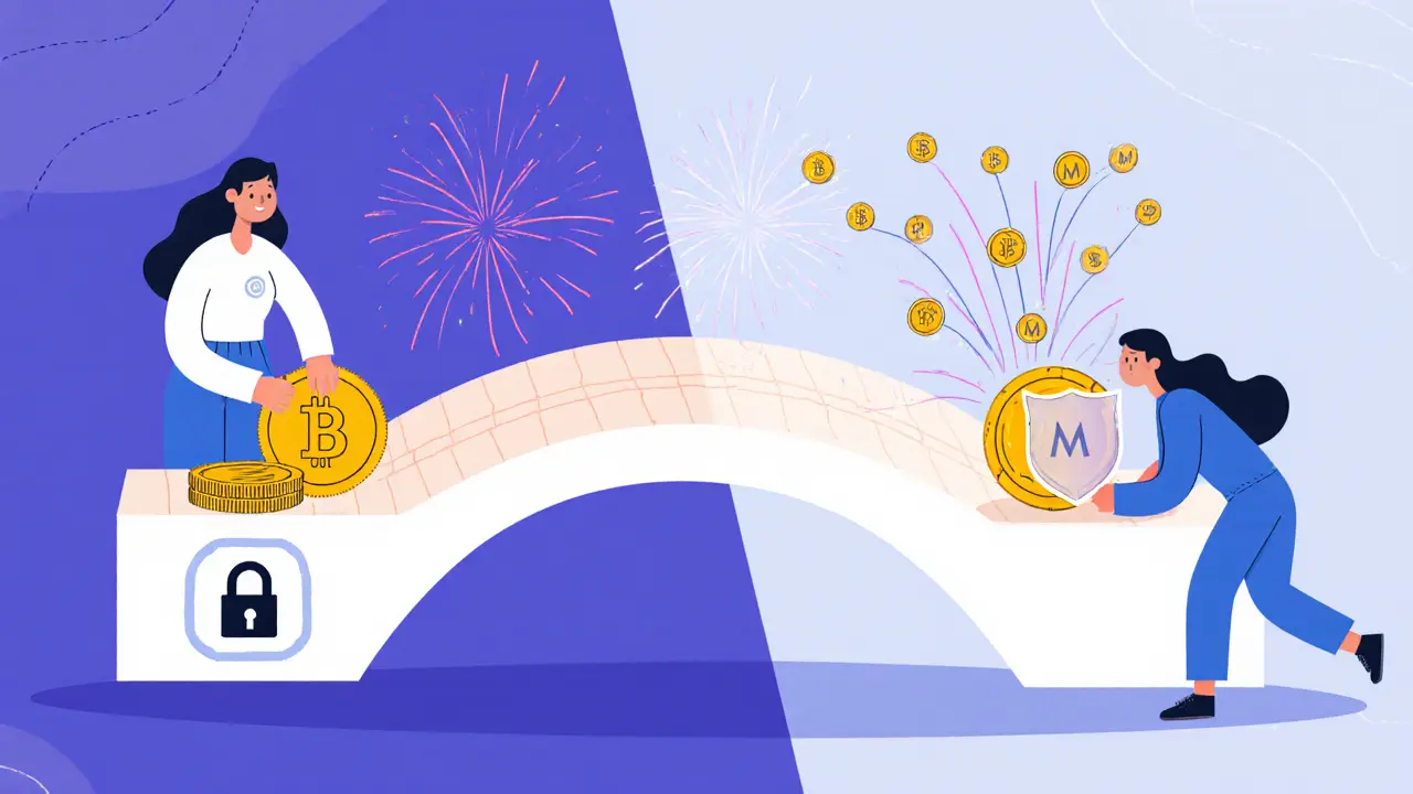Cartoon bridge shows depositing SOL and withdrawing hidden MATIC with MCASH rewards.