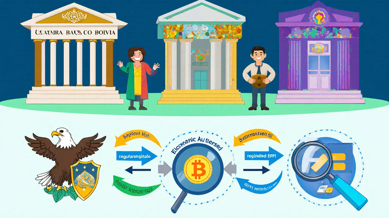Cartoon buildings represent Bolivia&#039;s crypto regulators and licensed transaction flow.