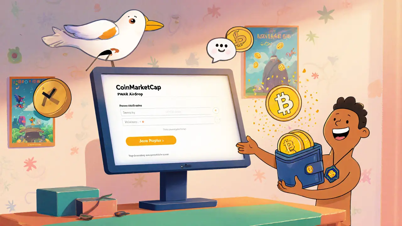 Cartoon character receiving PWAR tokens from a CoinMarketCap mascot after verification.