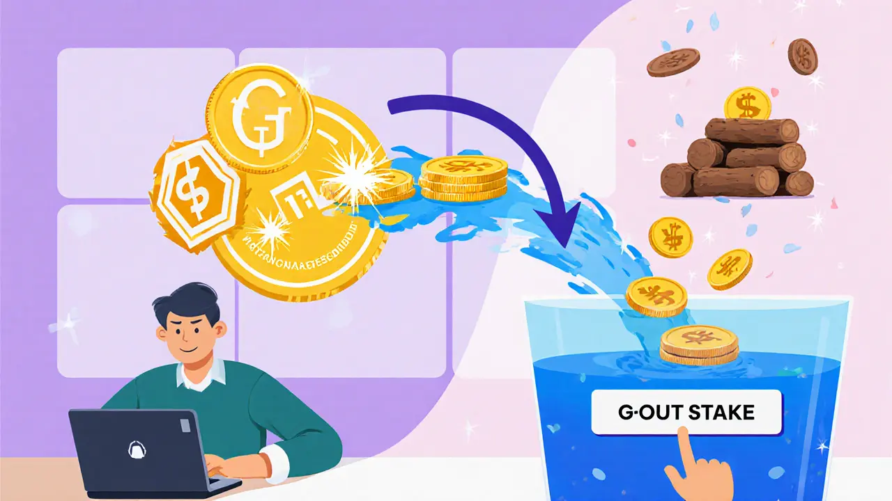 Cartoon character swapping BNB for GOUT on PancakeSwap, providing liquidity and staking LP tokens.