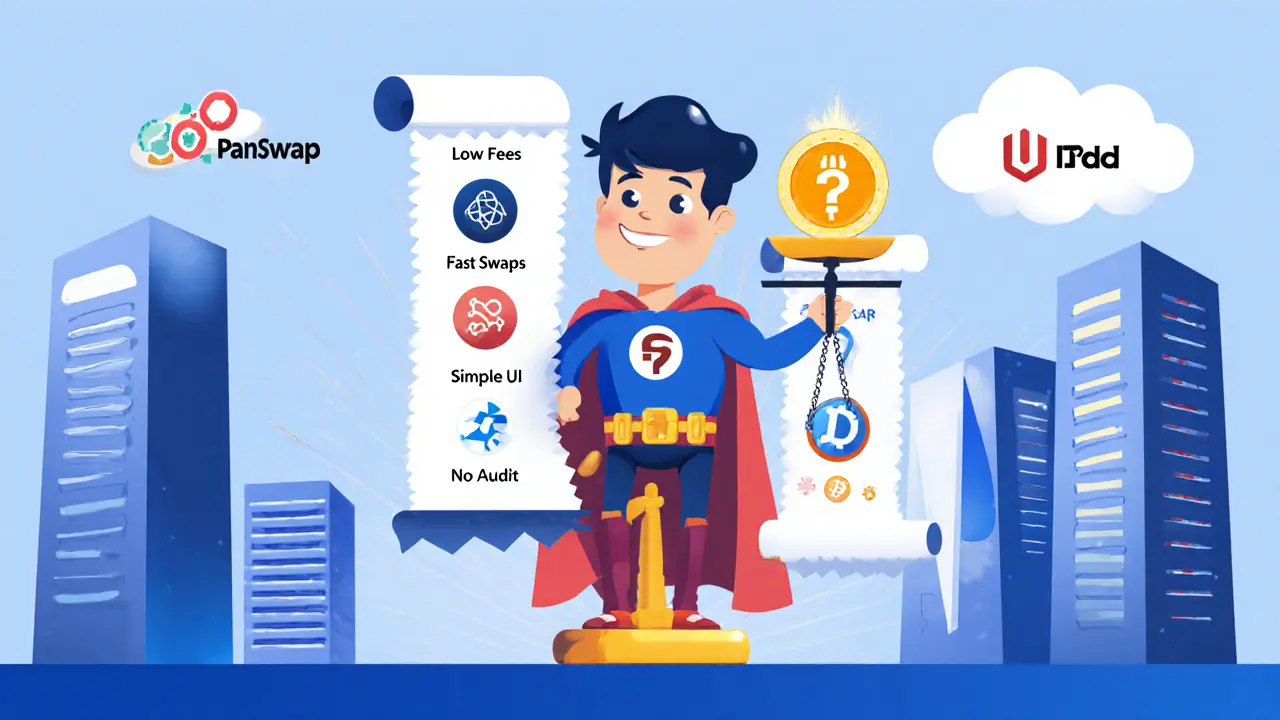 Cartoon character weighing ThunderSwap pros and cons with icons and a vague roadmap.