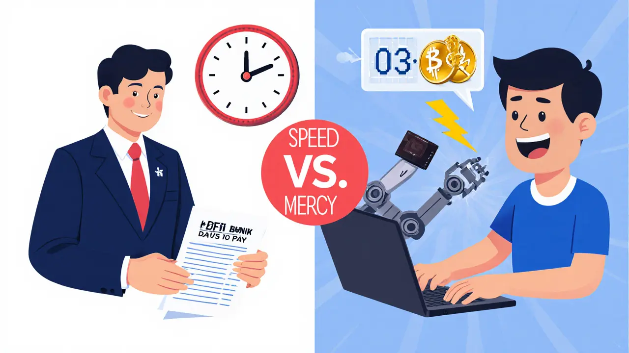 Cartoon comparing slow traditional loan process with instant DeFi liquidation.