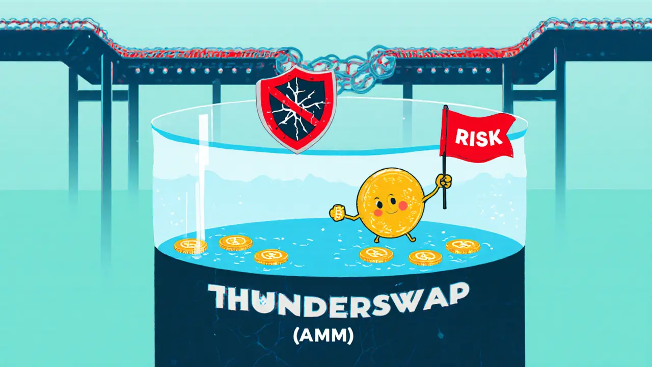 Cartoon diagram of ThunderSwap liquidity pool and missing audit shield.