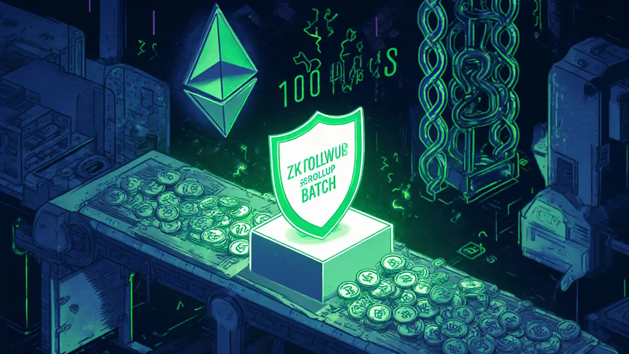 Cartoon factory merges many tokens into a ZK‑Rollup batch with a security shield.