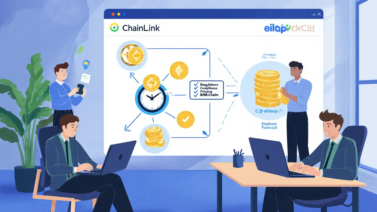 Cartoon fintech office showing developers moving stablecoins via CCIP with a compliance checklist.