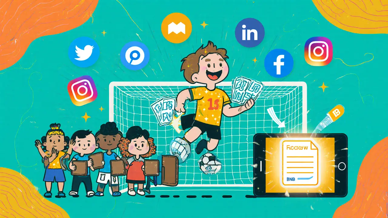 Cartoon football mascot handing sparkling NFT cards amid social media icons.