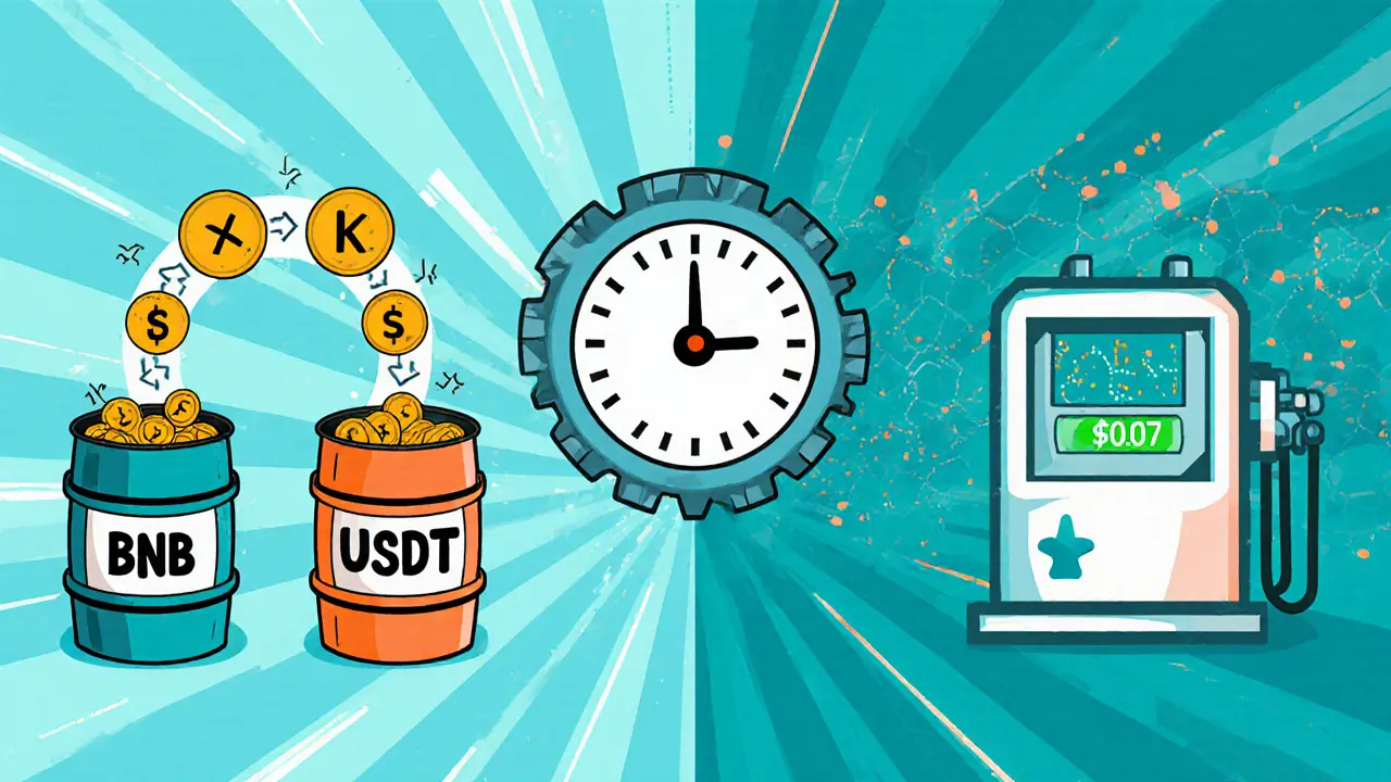Cartoon illustration of AMM token barrels, swap lever, and fast BSC transaction speed.