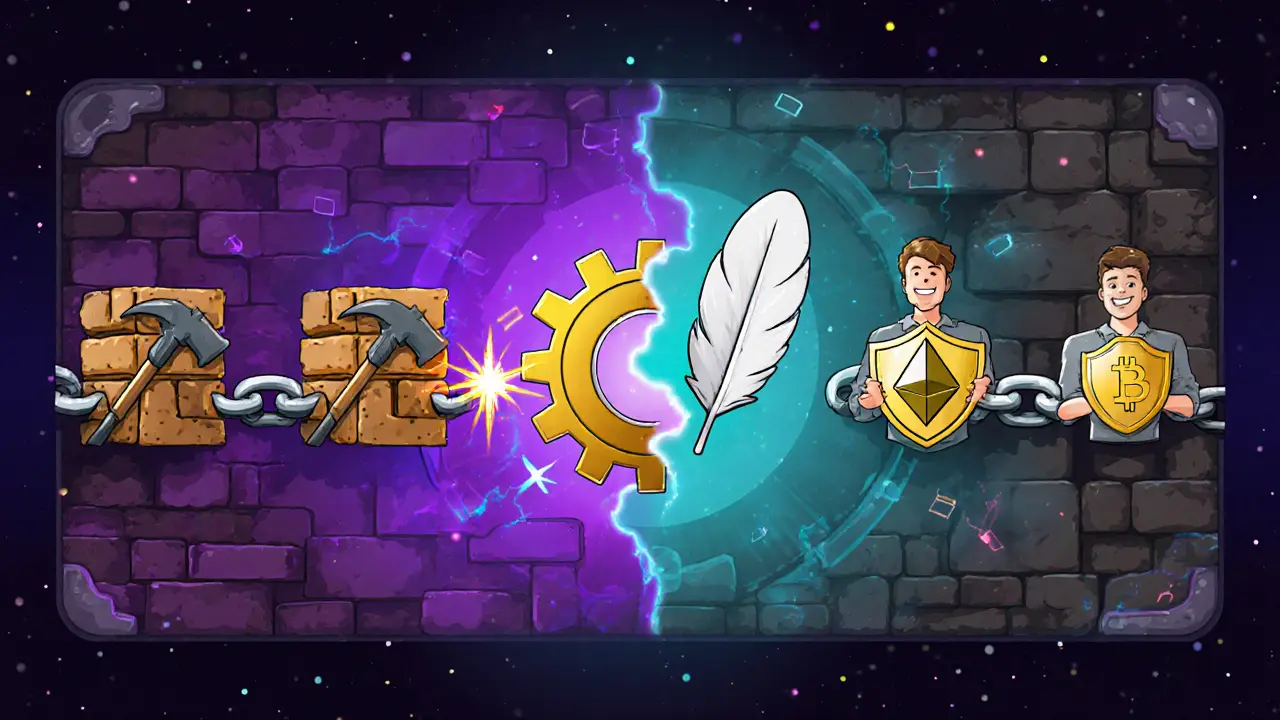 Cartoon illustration of The Merge, showing PoW blocks turning into PoS validator nodes with a feather.