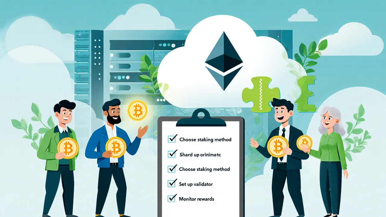 Cartoon image of diverse users staking ETH, a sharding puzzle, and a checklist clipboard.