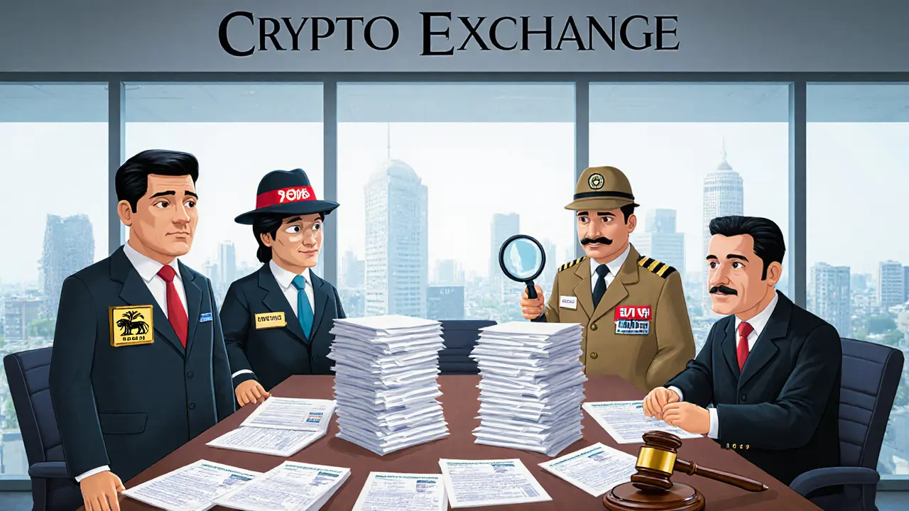 Cartoon of four regulator characters overseeing a crypto exchange office with tax papers.