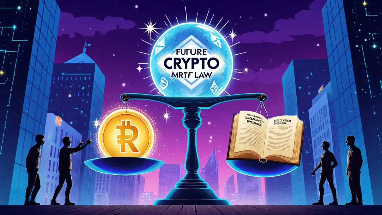 Cartoon of futuristic scene with digital rupee, crypto symbols, a scale of law, and a crystal ball.