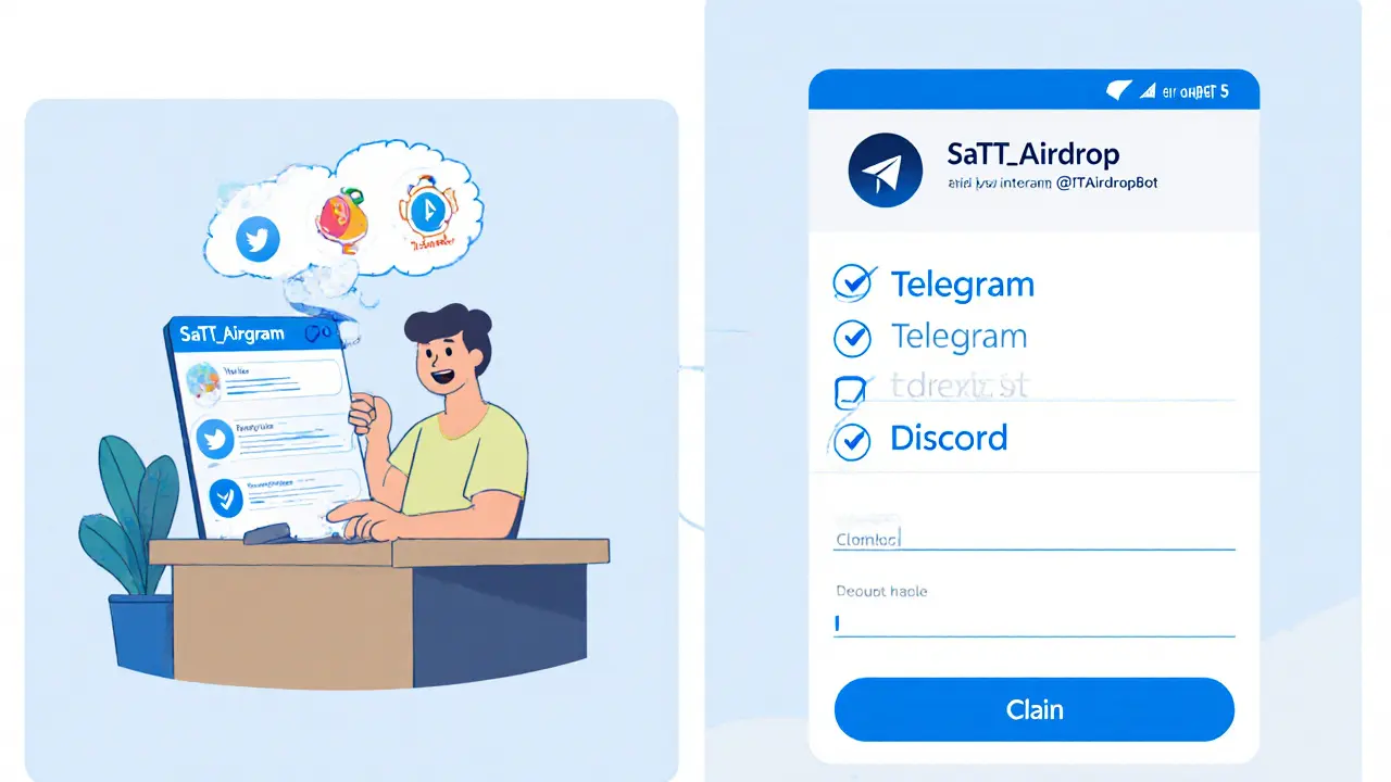 Cartoon of user completing Telegram airdrop tasks and claiming SATT.