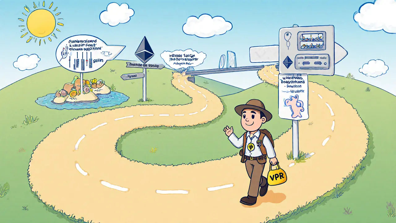 Cartoon roadmap depicts ViperSwap future upgrades with liquidity pools, cross‑chain bridge, and governance.