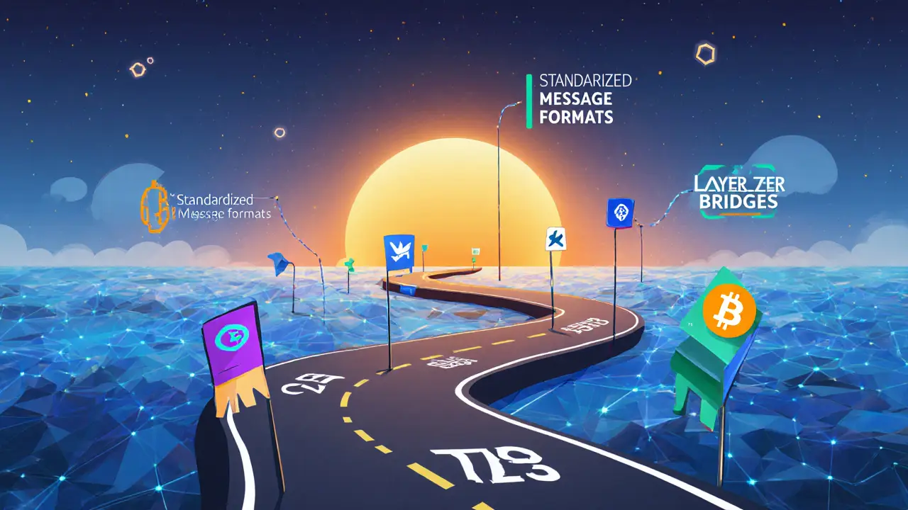 Cartoon roadmap toward 2028 showing protocol icons and future interoperability milestones.