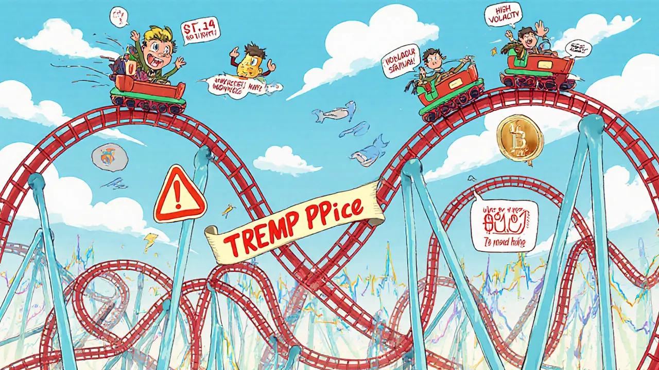 Cartoon roller coaster showing TREMP's volatile price swings and risk warnings.