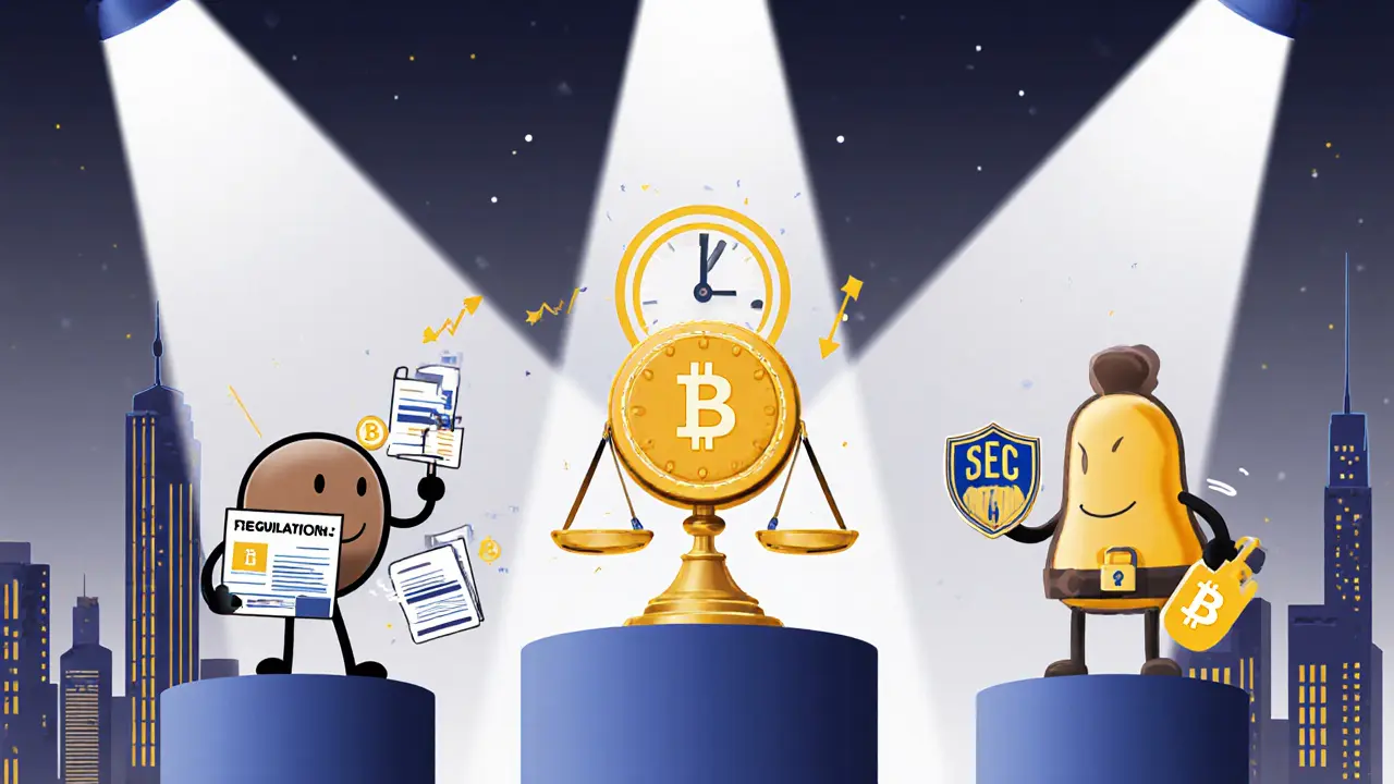 Cartoon scale comparing HKD.com to Binance and Coinbase, highlighting regulation and withdrawal risks.