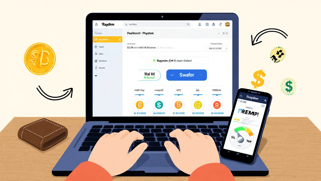 Cartoon user swapping SOL for TREMP using Phantom wallet on Raydium.