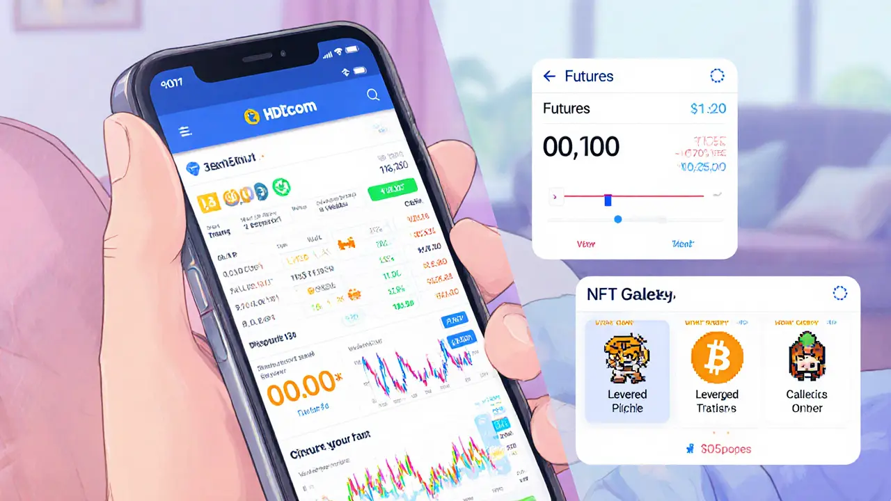 Cartoon user viewing HKD.com app showing spot pairs, futures leverage, and NFT gallery.