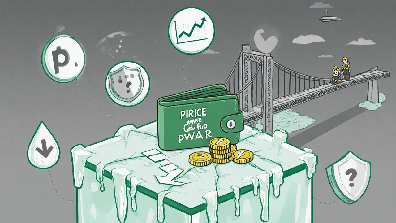 Cartoon wallet with few PWAR coins, showing price drop and a hopeful Polkadot bridge.