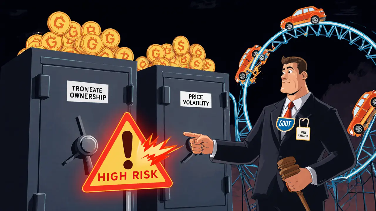 Cartoon warning scene showing large GOUT holdings, price roller coaster, and SEC figure highlighting risks.
