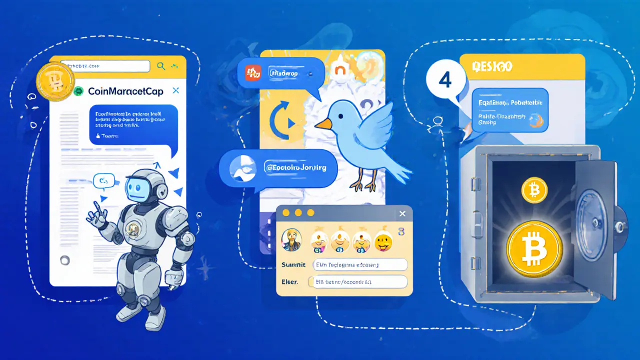 Comic strip showing steps: login, watch video, follow Twitter, join Discord, submit wallet address.