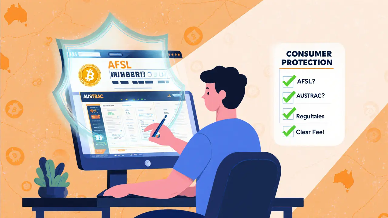 Consumer checking AFSL and compliance checklist on computer, shield behind.