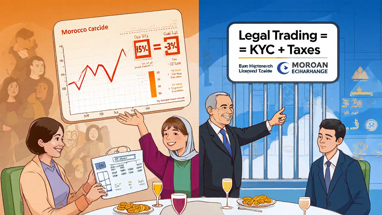 Family discusses crypto taxes as government official shows legal path with glowing exchange vs. jail bars.