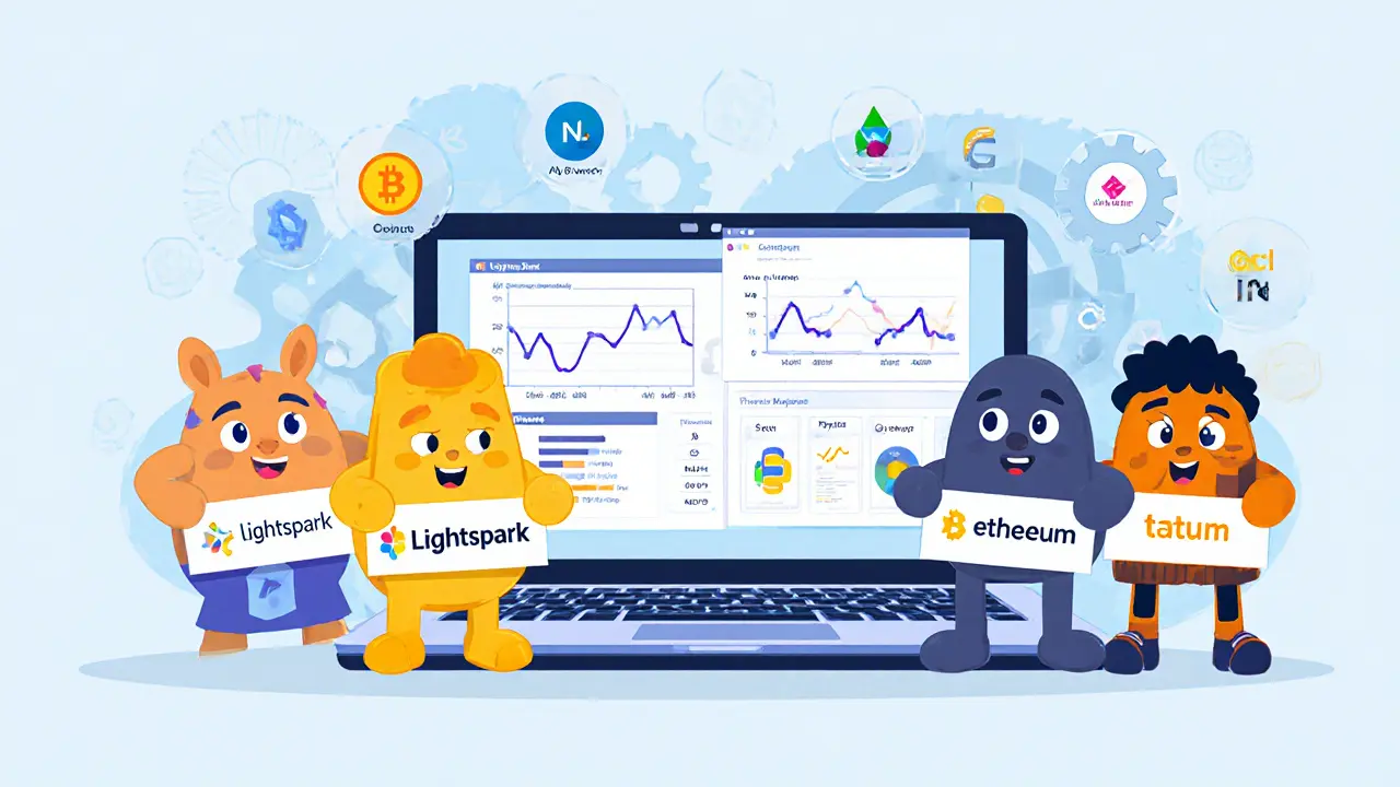 Four mascot characters compare fee estimator tools with API docs.