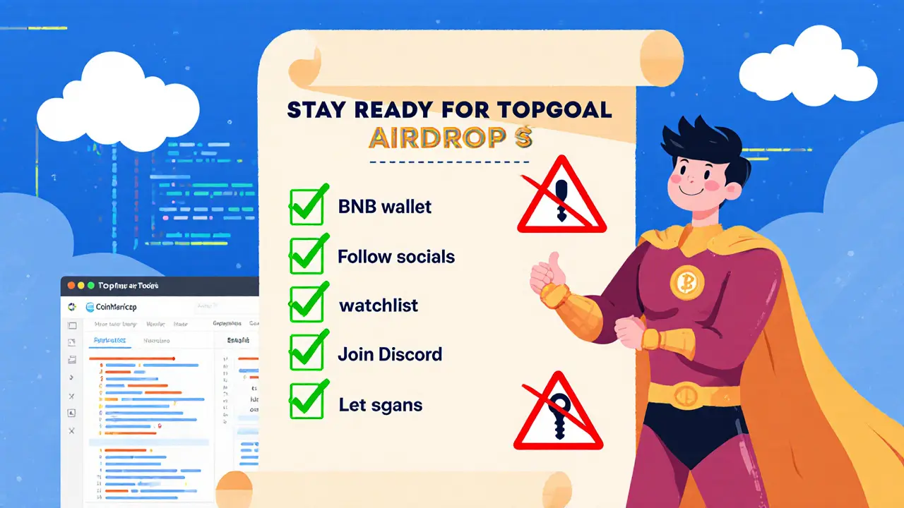 Hero checking a checklist for airdrop prep, with warning signs about scams.