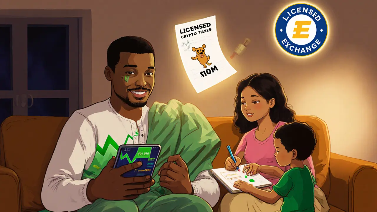 Nigerian family preparing for crypto taxes, child drawing NFT, licensed exchange visible in background.