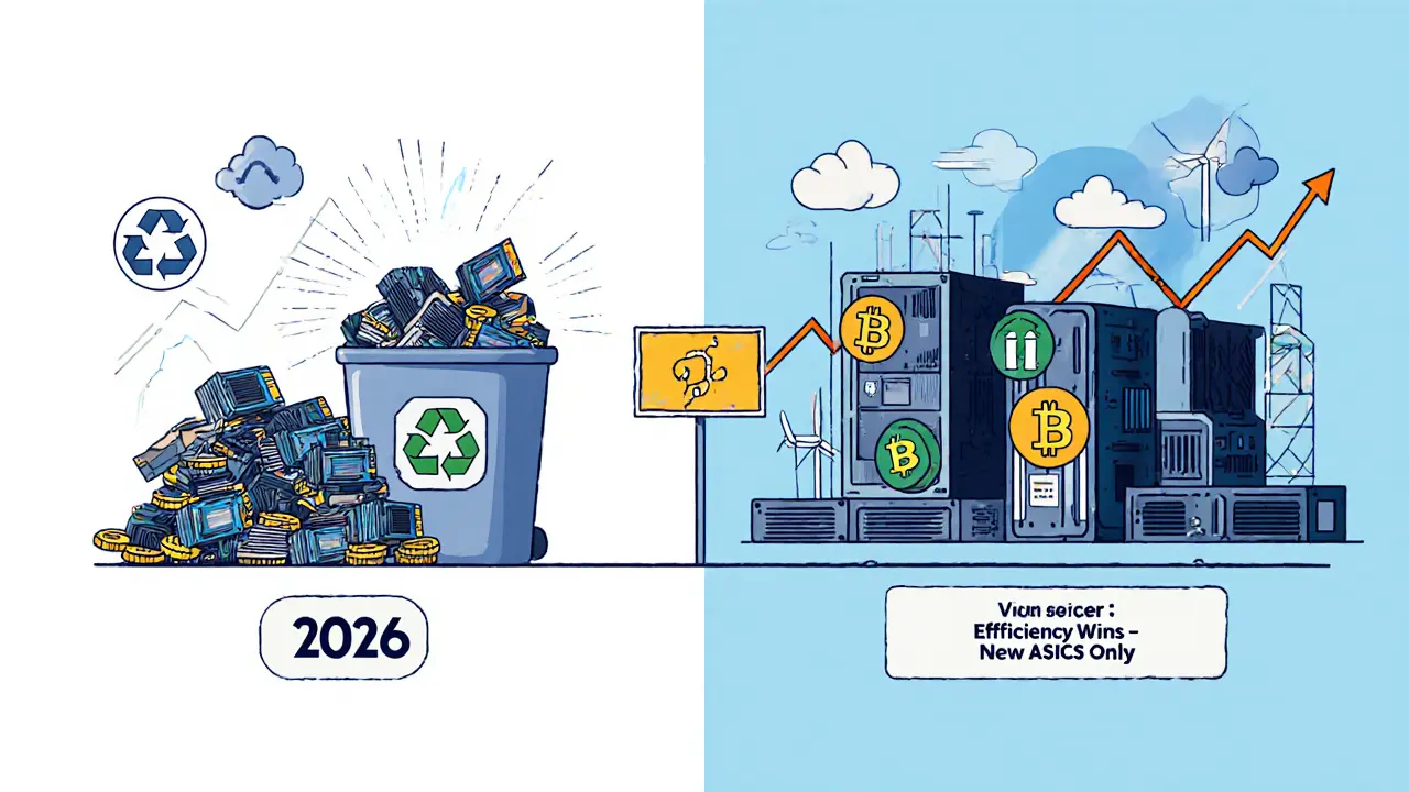 Old miners being recycled on one side, new efficient ASICs running in a high-tech facility on the other side.