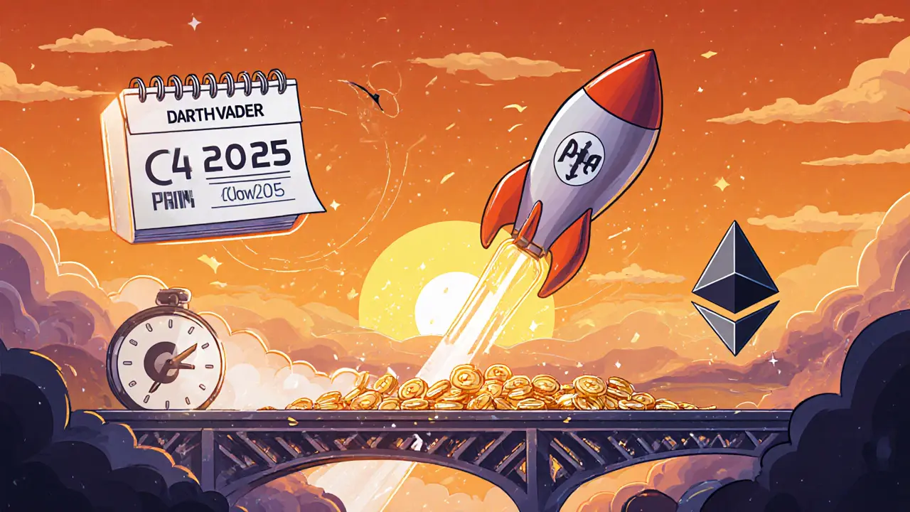 Rocket labeled Phala launches, trailing 30 PHA coins toward an Ethereum Layer‑2 bridge.