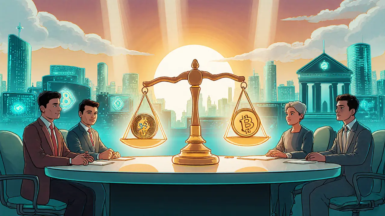 Roundtable of officials and tech leaders weighing crypto regulation with a scale and city backdrop.