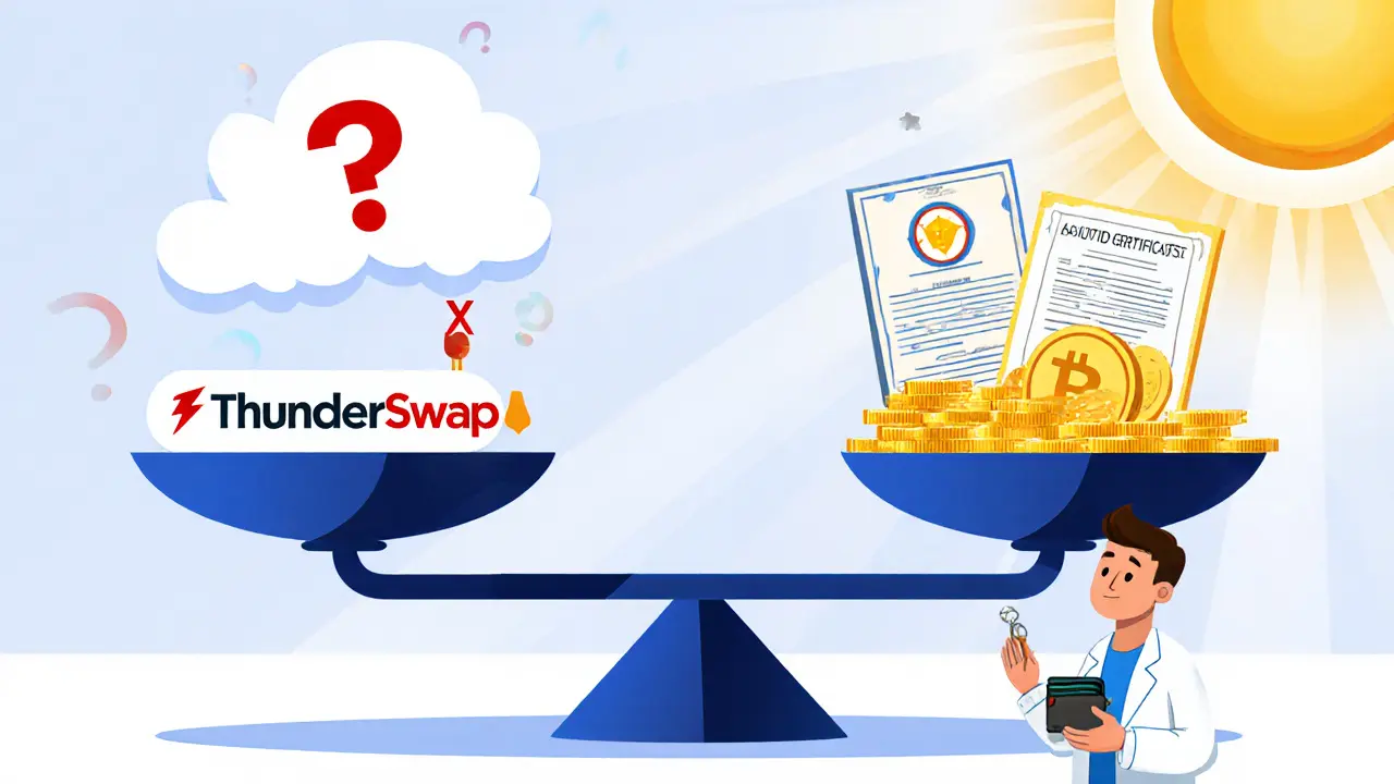 Scale comparing ThunderSwap unfavorably to PancakeSwap and Uniswap.