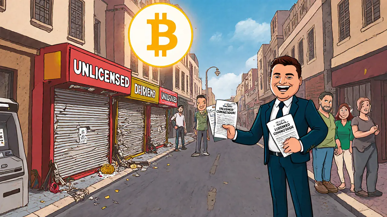 Shuttered crypto kiosks in Casablanca as an official promotes upcoming licensed exchange with digital dirham in sky.