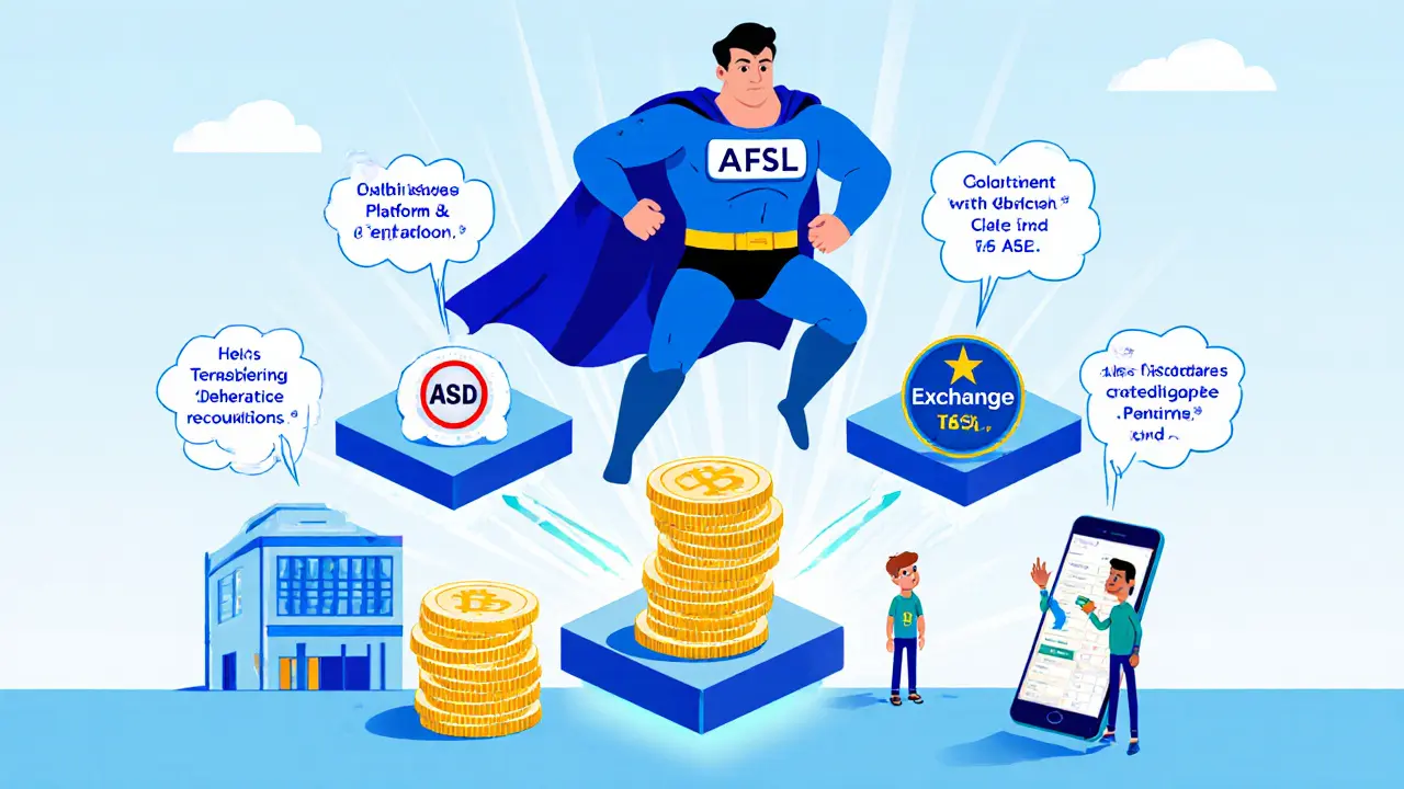 Superhero regulator handing AFSL badge to crypto platforms with penalty coins.