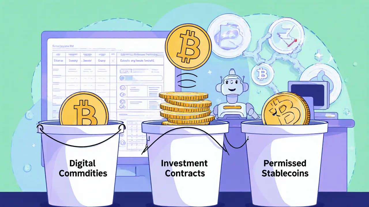 Three cartoon buckets catch Bitcoin, a security token, and a stablecoin, with a broker office behind.