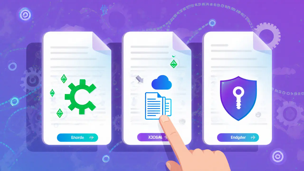 Three cartoon panels show DID components on Ethereum, XRP Ledger, and Hyperledger Indy.