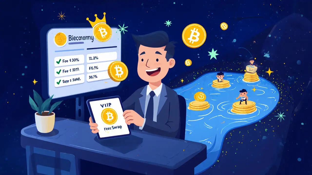 Trader using BIT for fee discounts, voting, and providing liquidity on PancakeSwap in a cartoon scene.