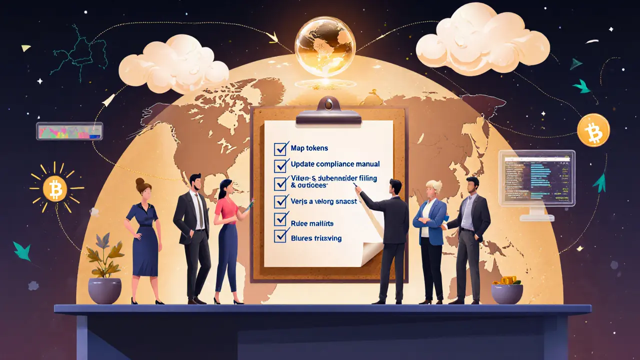 Trading team checks a compliance list, crystal ball shows future rules, global arrows indicate arbitrage.